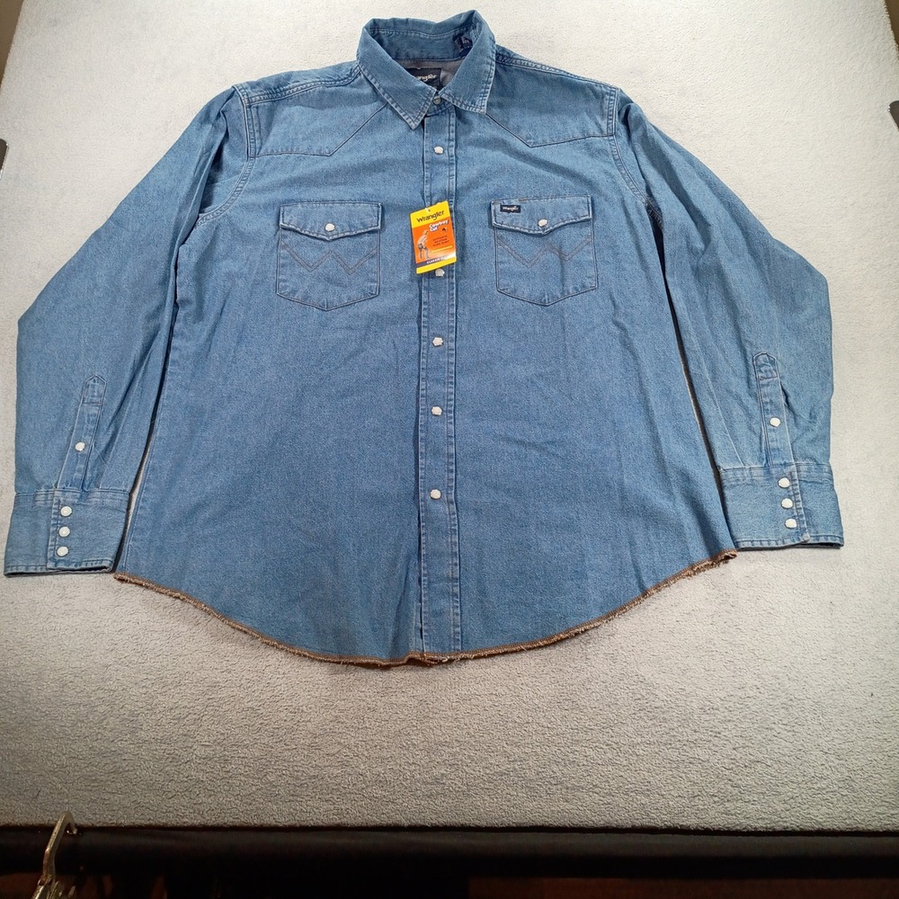 Wrangler Mens Cowboy Cut Western Work Shirt Blue XL Pearl Snaps